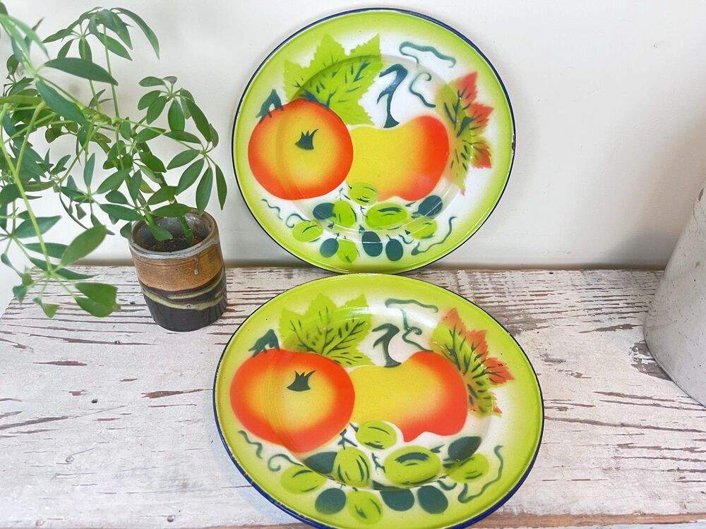Vintage Graniteware Plates (Set Of 2) Fruit Design Farmhouse Kitchen Decor Retro